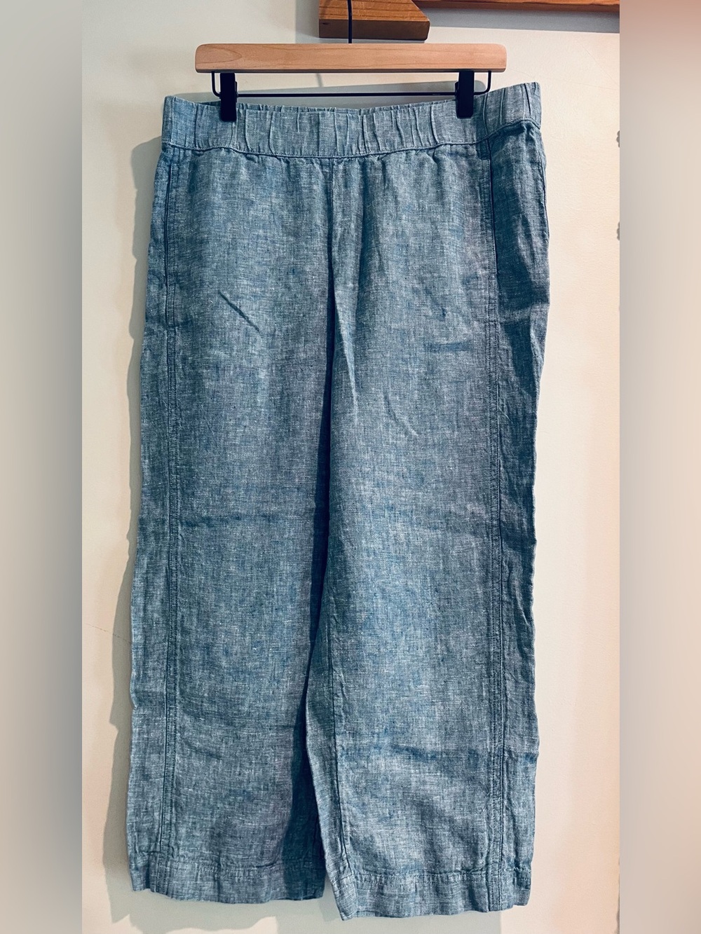 Pure Jill Linen Blue Wide Leg Cropped Pants Elastic Waist Medium Chambray Boho